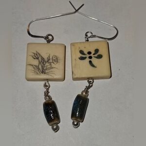 Vtg Bone Tile And Ceramic Tube Dangle Earrings W/Sterling Beads And Ear Wires